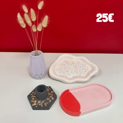 Photo des pièces de jesmonite avec leur prix